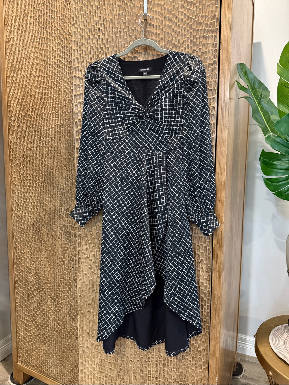 Express Black and White Asymmetrical Grid Midi Dress